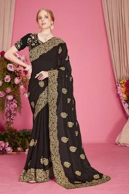 Designer black heavy zari embroidery zarkan boder silk saree 1