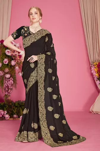Designer black heavy zari embroidery zarkan boder silk saree