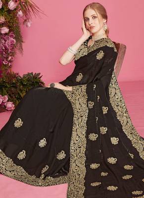 Designer black heavy zari embroidery zarkan boder silk saree 2