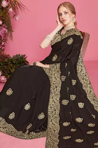 Designer black heavy zari embroidery zarkan boder silk saree