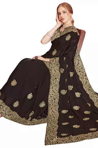 Designer black heavy zari embroidery zarkan boder silk saree