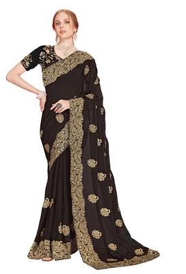Designer black heavy zari embroidery zarkan boder silk saree 4