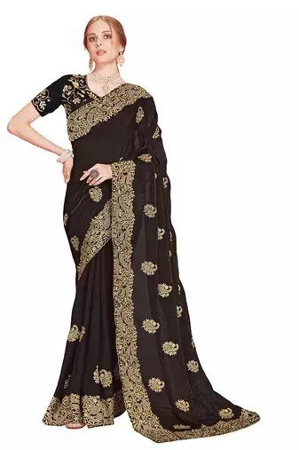 Designer black heavy zari embroidery zarkan boder silk saree