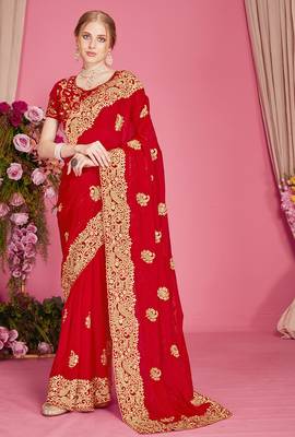 Designer red heavy zari embroidery zarkan boder silk saree 1