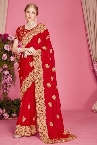 Designer red heavy zari embroidery zarkan boder silk saree