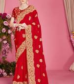 Designer red heavy zari embroidery zarkan boder silk saree