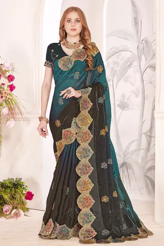 Rama designer zari resham multi embroidery satin silk saree