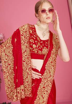 Designer red heavy zari embroidery zarkan boder silk saree 2