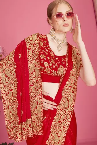 Designer red heavy zari embroidery zarkan boder silk saree