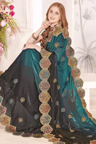 Rama designer zari resham multi embroidery satin silk saree