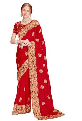 Designer red heavy zari embroidery zarkan boder silk saree 3