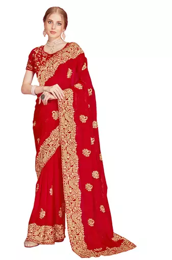 Designer red heavy zari embroidery zarkan boder silk saree