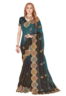Rama designer zari resham multi embroidery satin silk saree 3