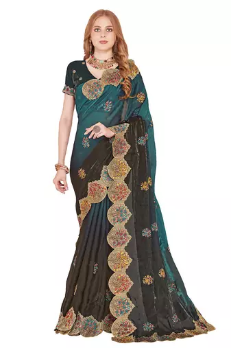 Rama designer zari resham multi embroidery satin silk saree