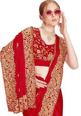 Designer red heavy zari embroidery zarkan boder silk saree 4