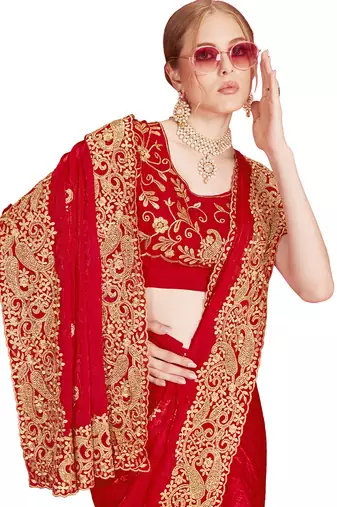 Designer red heavy zari embroidery zarkan boder silk saree