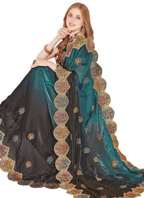 Rama designer zari resham multi embroidery satin silk saree 4