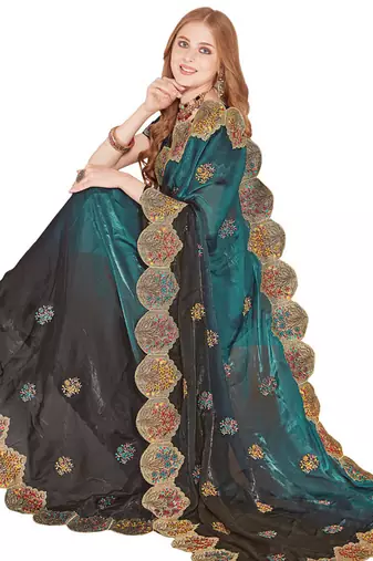 Rama designer zari resham multi embroidery satin silk saree