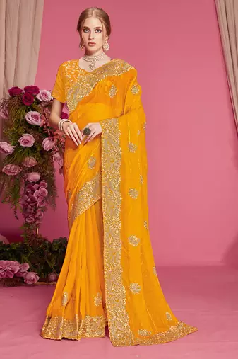 Designer mustard heavy zari embroidery zarkan boder silk saree