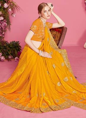 Designer mustard heavy zari embroidery zarkan boder silk saree 2