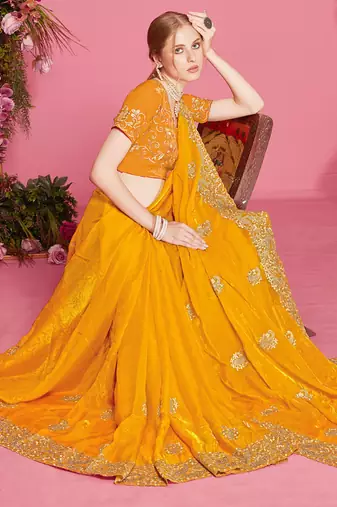 Designer mustard heavy zari embroidery zarkan boder silk saree