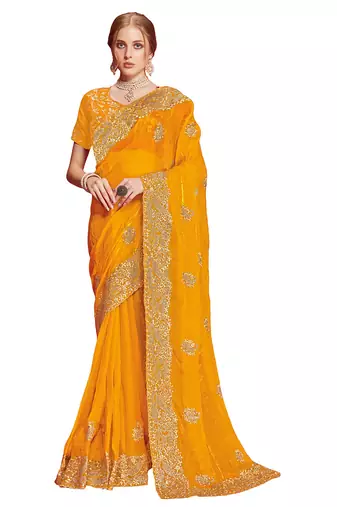 Designer mustard heavy zari embroidery zarkan boder silk saree