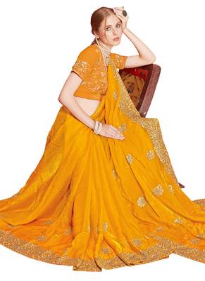Designer mustard heavy zari embroidery zarkan boder silk saree 4