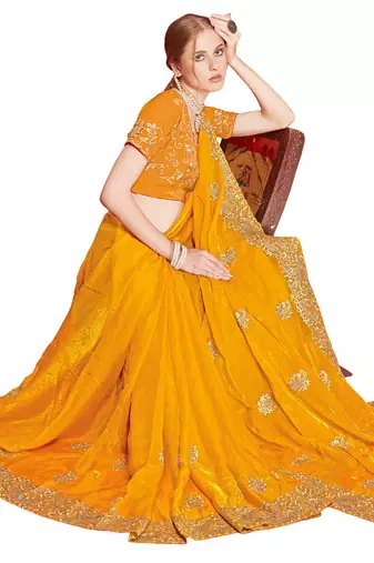 Designer mustard heavy zari embroidery zarkan boder silk saree