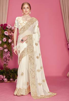 Designer white heavy zari embroidery zarkan boder silk saree 1