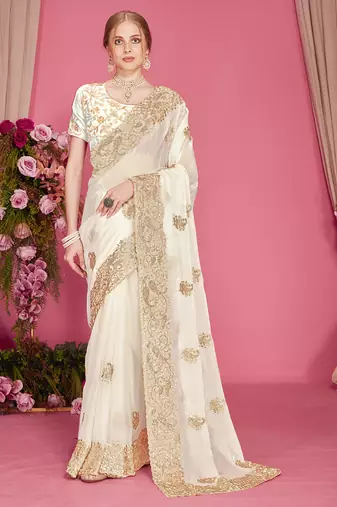 Designer white heavy zari embroidery zarkan boder silk saree