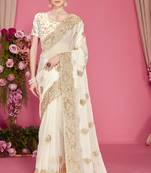 Designer white heavy zari embroidery zarkan boder silk saree