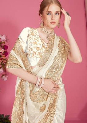 Designer white heavy zari embroidery zarkan boder silk saree 2