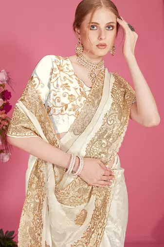 Designer white heavy zari embroidery zarkan boder silk saree