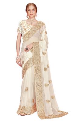 Designer white heavy zari embroidery zarkan boder silk saree 3