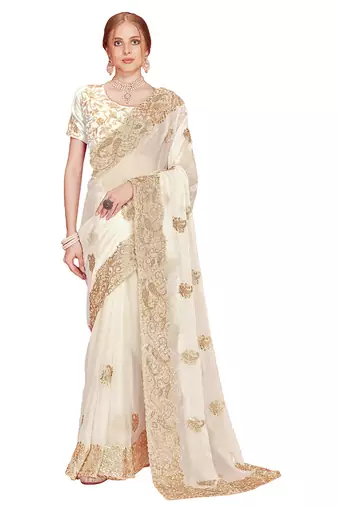 Designer white heavy zari embroidery zarkan boder silk saree
