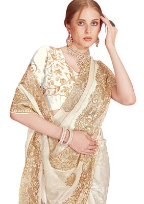 Designer white heavy zari embroidery zarkan boder silk saree 4