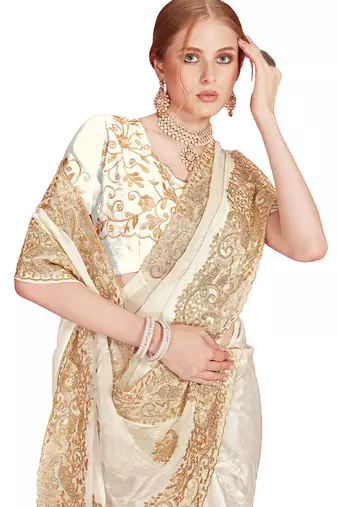 Designer white heavy zari embroidery zarkan boder silk saree