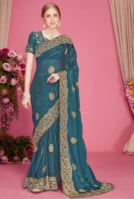 Designer teal blue heavy zari embroidery zarkan boder silk saree 1