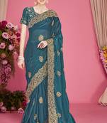 Designer teal blue heavy zari embroidery zarkan boder silk saree