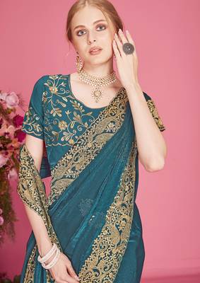 Designer teal blue heavy zari embroidery zarkan boder silk saree 2