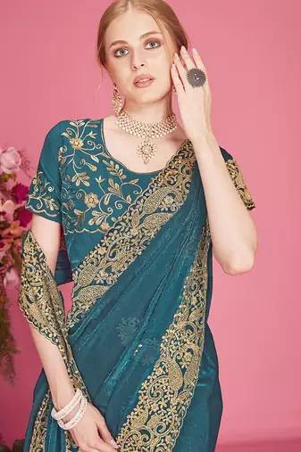 Designer teal blue heavy zari embroidery zarkan boder silk saree