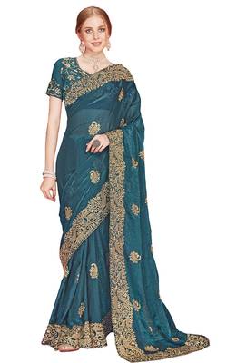Designer teal blue heavy zari embroidery zarkan boder silk saree 3