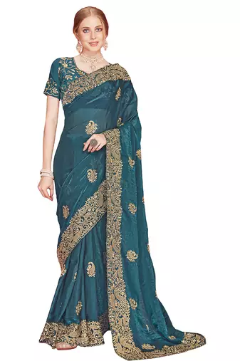Designer teal blue heavy zari embroidery zarkan boder silk saree