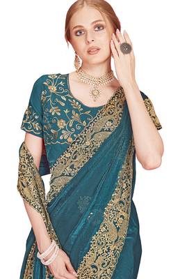 Designer teal blue heavy zari embroidery zarkan boder silk saree 4