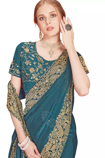 Designer teal blue heavy zari embroidery zarkan boder silk saree