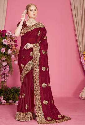 Designer maroon heavy zari embroidery zarkan boder silk saree 1