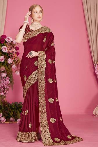 Designer maroon heavy zari embroidery zarkan boder silk saree