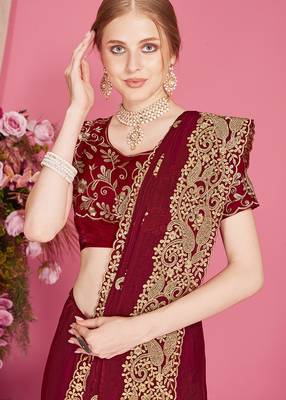 Designer maroon heavy zari embroidery zarkan boder silk saree 2