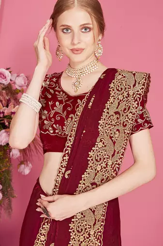 Designer maroon heavy zari embroidery zarkan boder silk saree