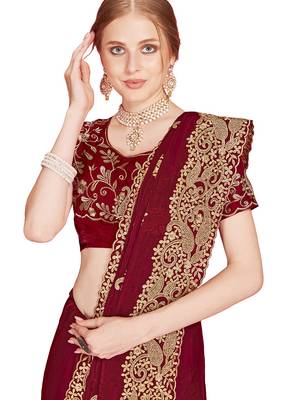 Designer maroon heavy zari embroidery zarkan boder silk saree 4